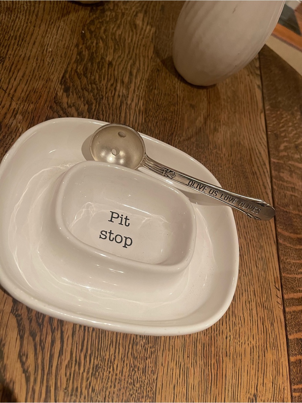 Mud Pie White Ceramic Olive Pit & Serving Dish with Spoon